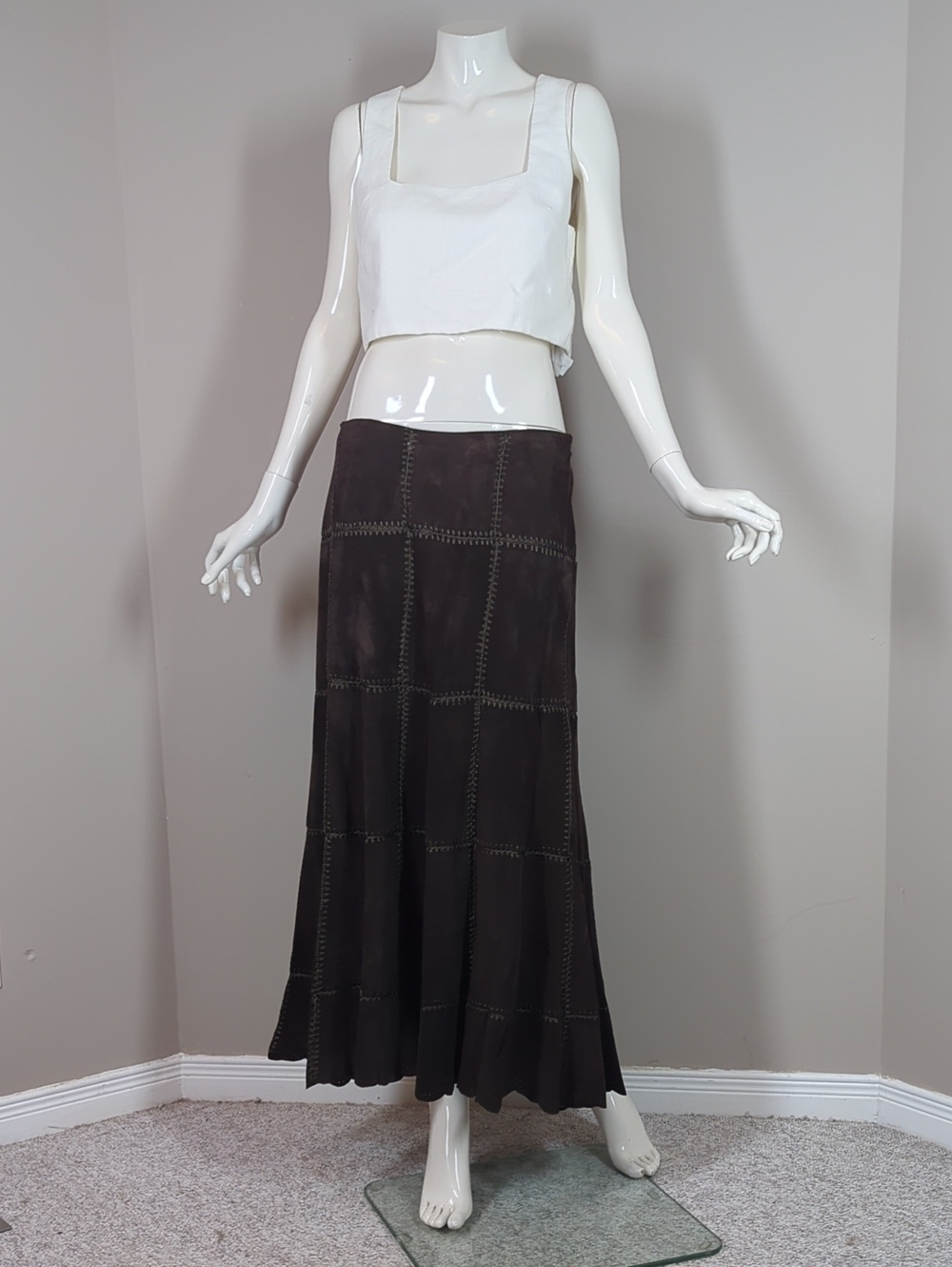 Vintage 90s Dark Brown Suede Panel Maxi Skirt